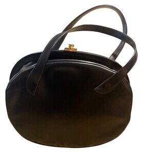 Vintage Max Mayer New York Black Leather Top Handles Handbag Purse Gold Clasp